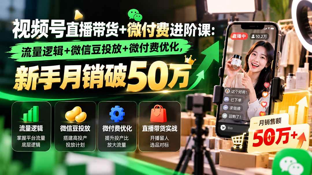 （20886期）视频号直播带货+微付费进阶课-更新1010：流量逻辑+微信豆投放+微付费优化，新手月销破50万